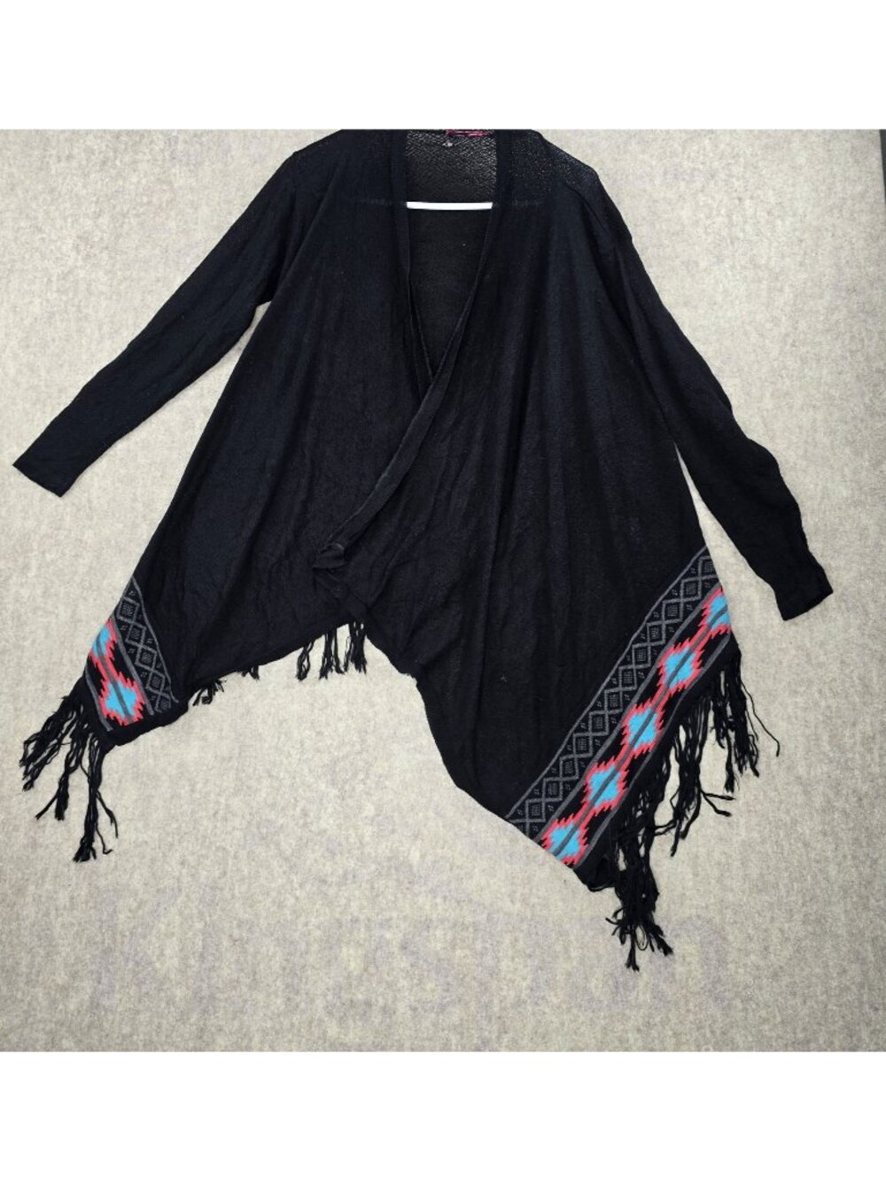 Black Open Front Fringe Cardigan With Patterned Hem & Long Sleeves Acrylic Blend